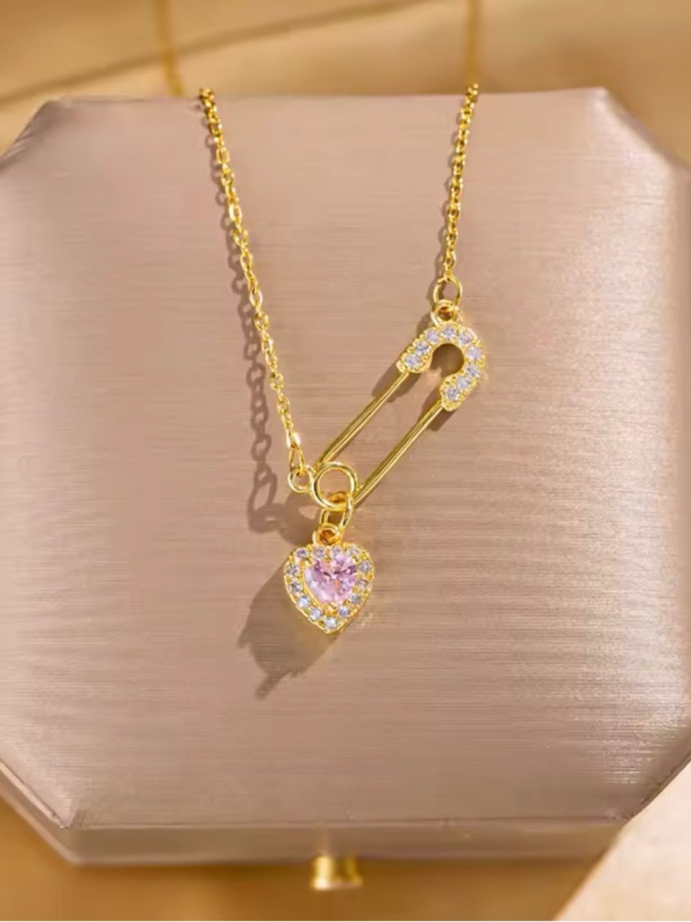 Stunning Gold Safety Pin Necklace with Pink Heart Charm
